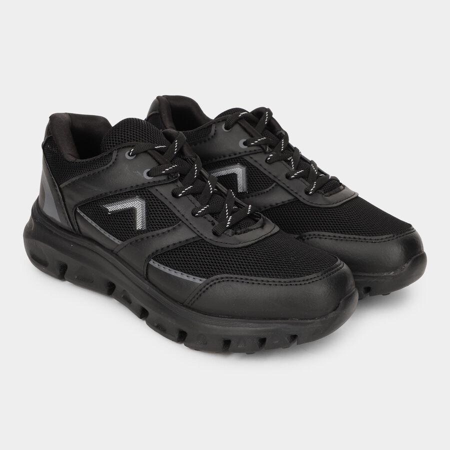 Men's Jet Black Lace-Up Sports Shoes, काला, large
