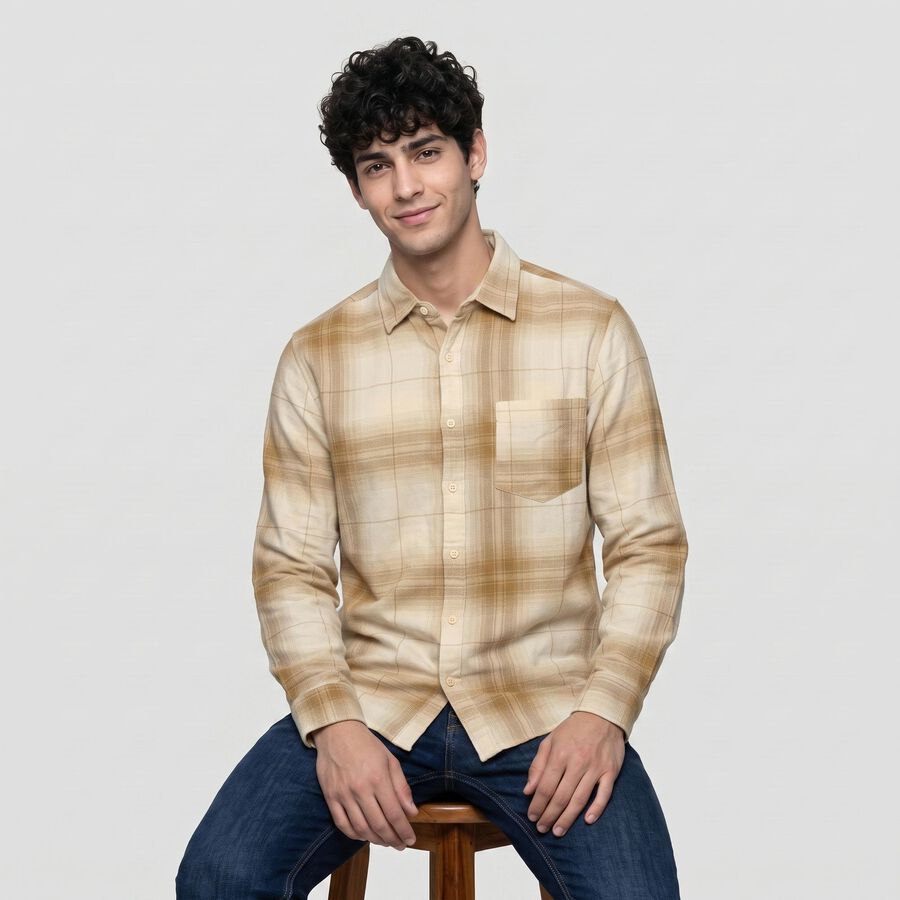Men's Beige Cotton Long Sleeves Collar Casual Shirt, गहरा पीला, large