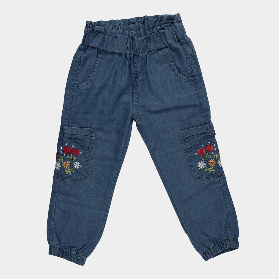 Girls' Blue Jogger Fit Embroidered Cargo Jeans, Mid Blue, large
