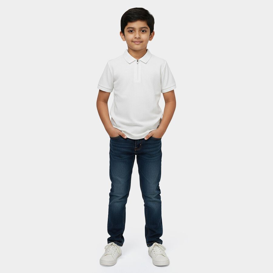 Boys White Cotton Round Neck Casual Half Sleeves T-Shirt, ऑफ व्हाइट, large