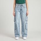 Women's Light Blue Relaxed Fit Cargo Jeans, हल्का नीला, small