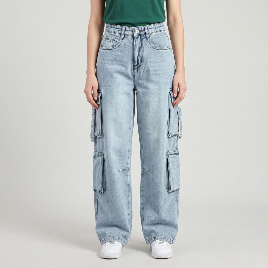 Women's Light Blue Relaxed Fit Cargo Jeans, हल्का नीला, large