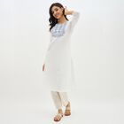 Women's Bright White Cotton Round Neck Embroidered Kurta, Dark Blue, small image number null
