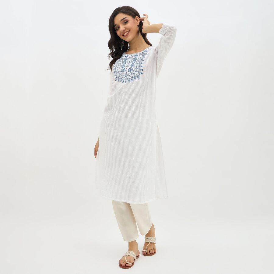 Women's Bright White Cotton Round Neck Embroidered Kurta, Dark Blue, large image number null
