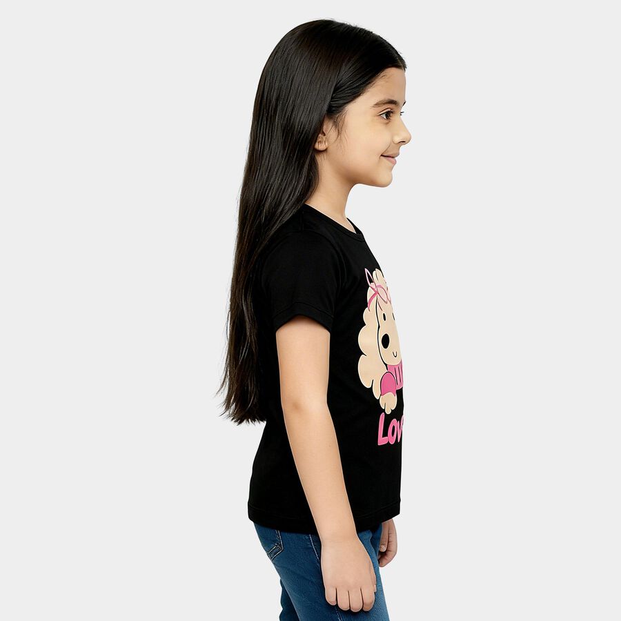 Girls' Black Round Neck Casual T-Shirt, काला, large