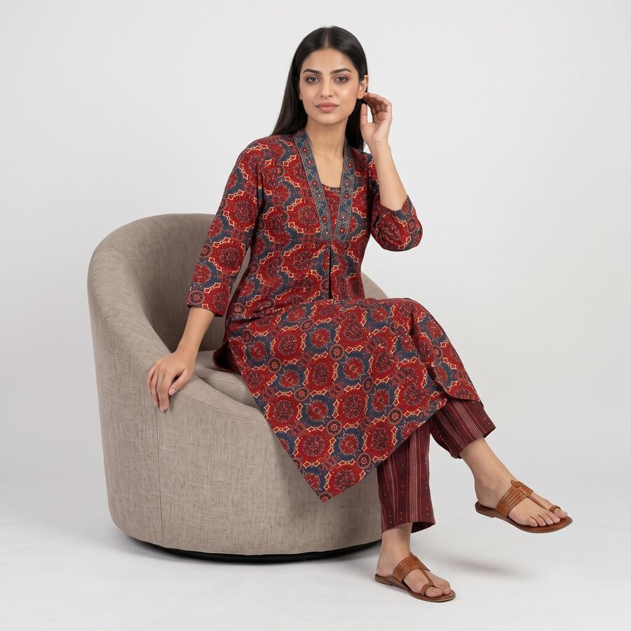 Women's Maroon V-Neck Printed Kurta, Maroon, large