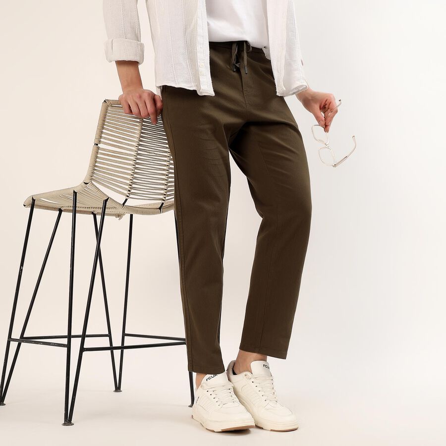 Men's Olive Slim Fit Stretchable Casual Trousers, ओलिव, large