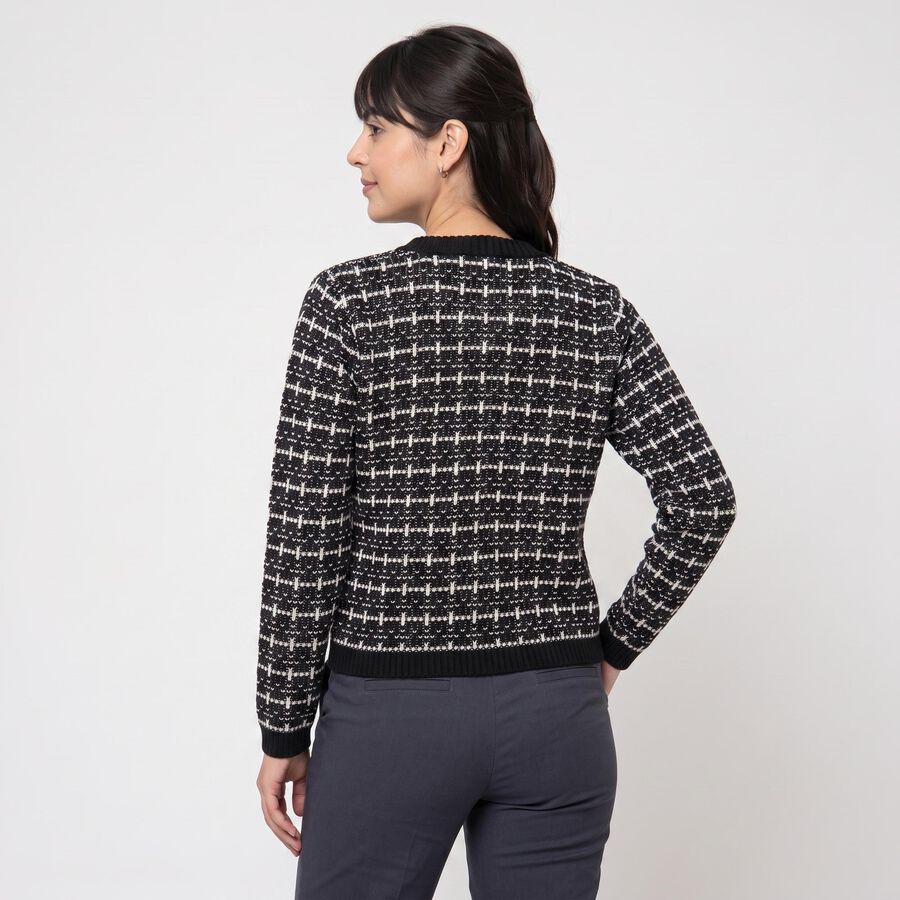 Women's Black Round Neck Button-Front Cardigan, Black, large