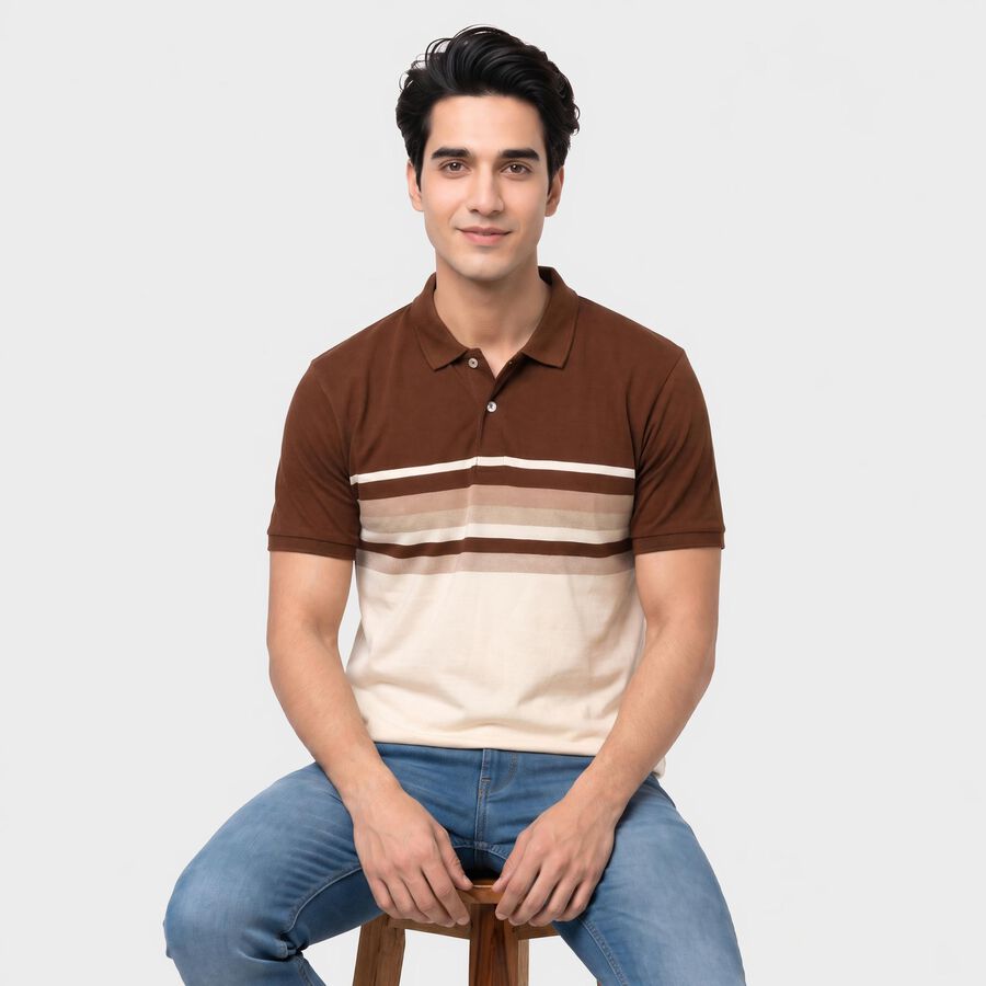 Men's Brown Polo Neck Striped T-Shirt, Brown, large