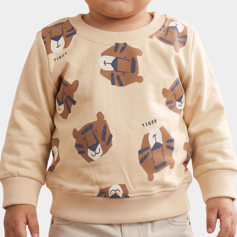 Infants' Beige Round Neck Printed Sweatshirt, Beige, large