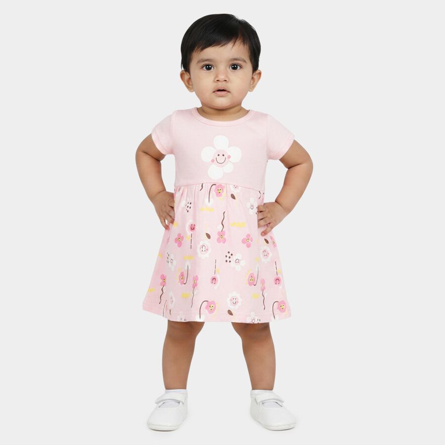 Infants' Pink Floral Printed Fit and Flare Frock, हल्का गुलाबी, large