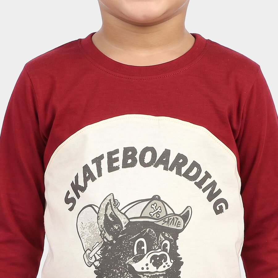 Boys' Red 100% Cotton Round Neck Graphic Print Baba Suit, Red, large