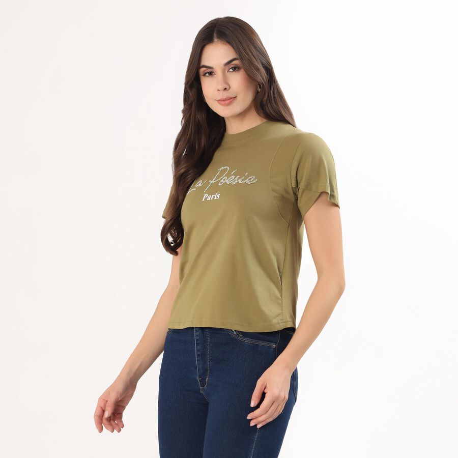 Women's Muted Olive Green Cotton Round Neck Casual T-Shirt, Olive, large