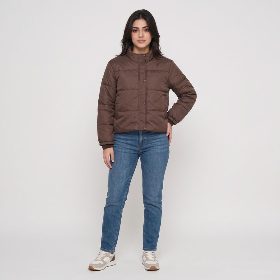 Women's Brown Stand Collar Puffer Jacket, Brown, large