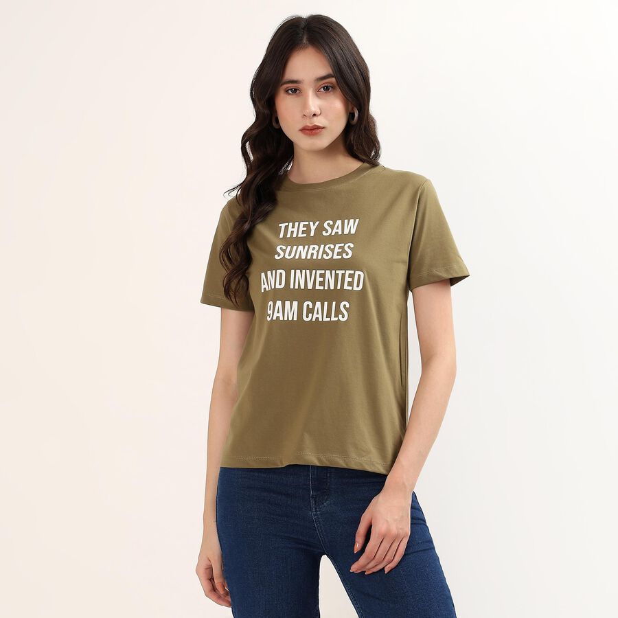 Women's Olive Round Neck Graphic Printed T-Shirt, Olive, large