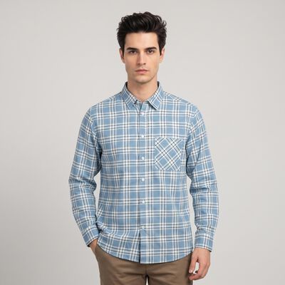 Men's Light Blue Cotton Long Sleeves Spread Collar Casual Shirt