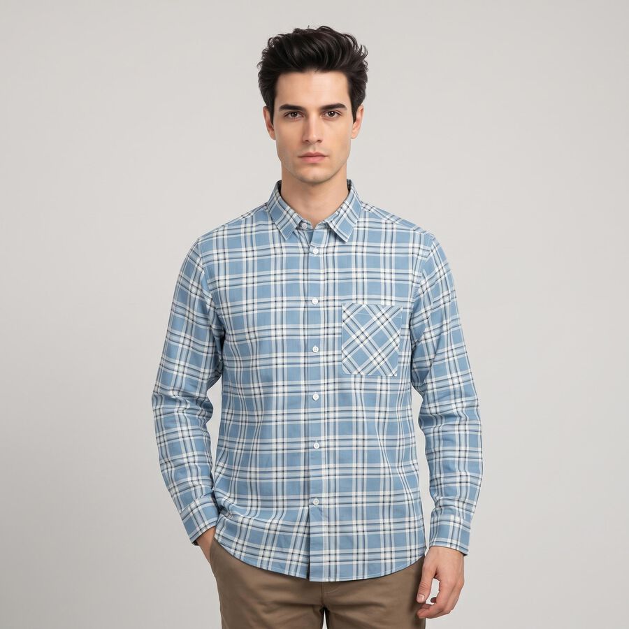 Men's Light Blue Cotton Long Sleeves Spread Collar Casual Shirt, मध्यम नीला, large