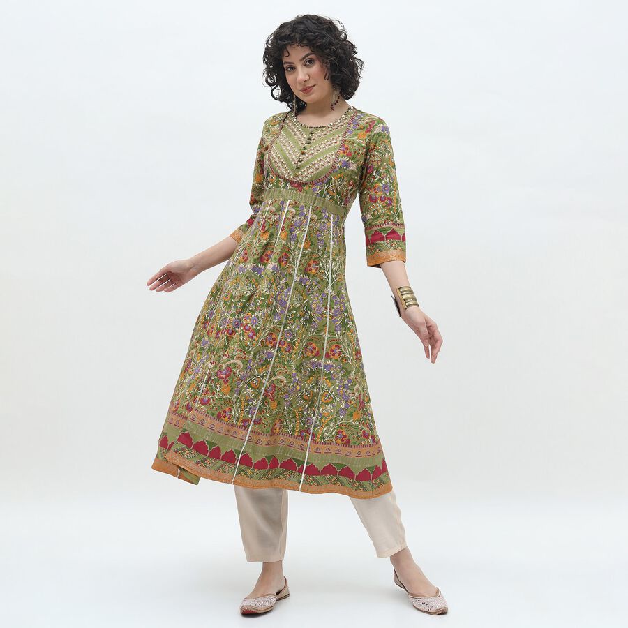 Women's Muted Sage Green Round Neck Floral Printed Kurta, हल्का हरा, large image number null