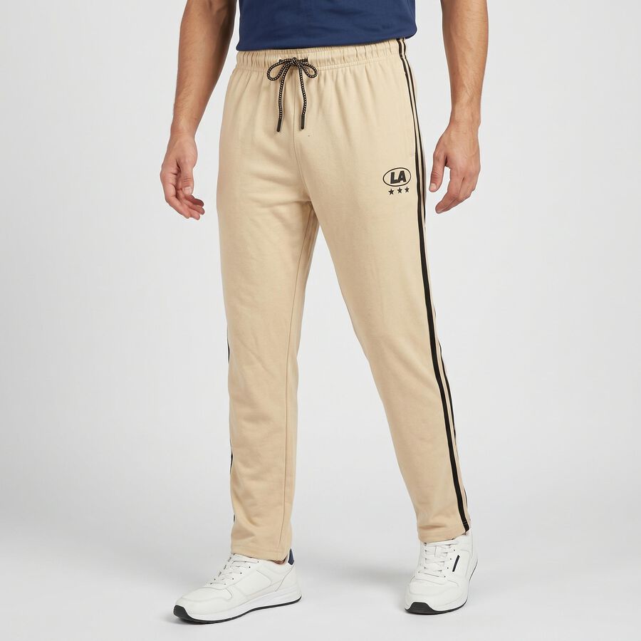 Men's Beige Regular Fit Side-Striped Track Pants, गहरा पीला, large