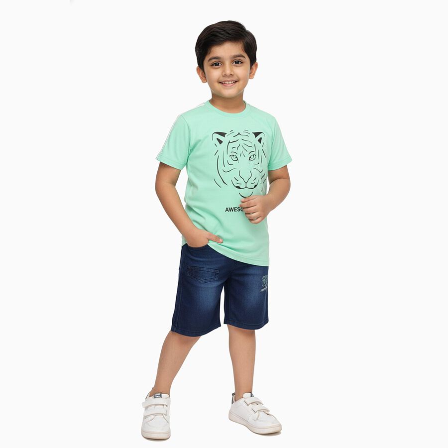 Boys' Light Green Cotton Round Neck Tiger Print Baba Suit, Light Green, large image number null