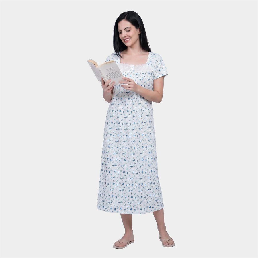 Women's White Square Neck A-Line Nighty, सफ़ेद, large