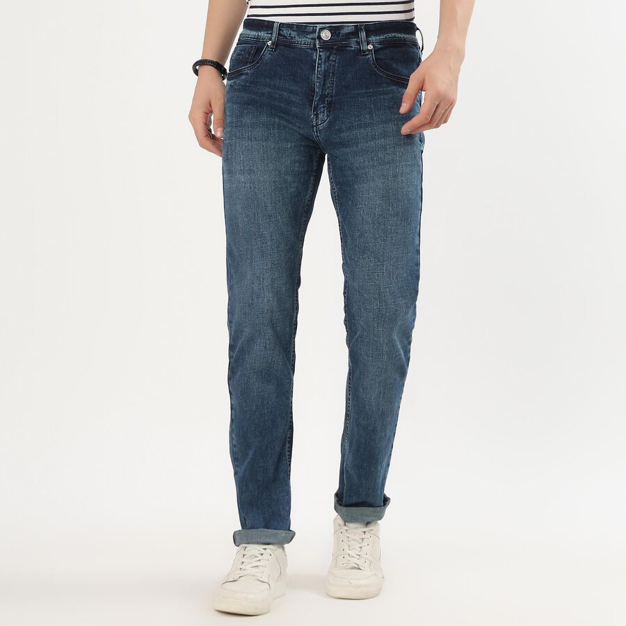 Men's Stonewashed Blue Slim Fit Jeans, गहरा नीला, large image number null