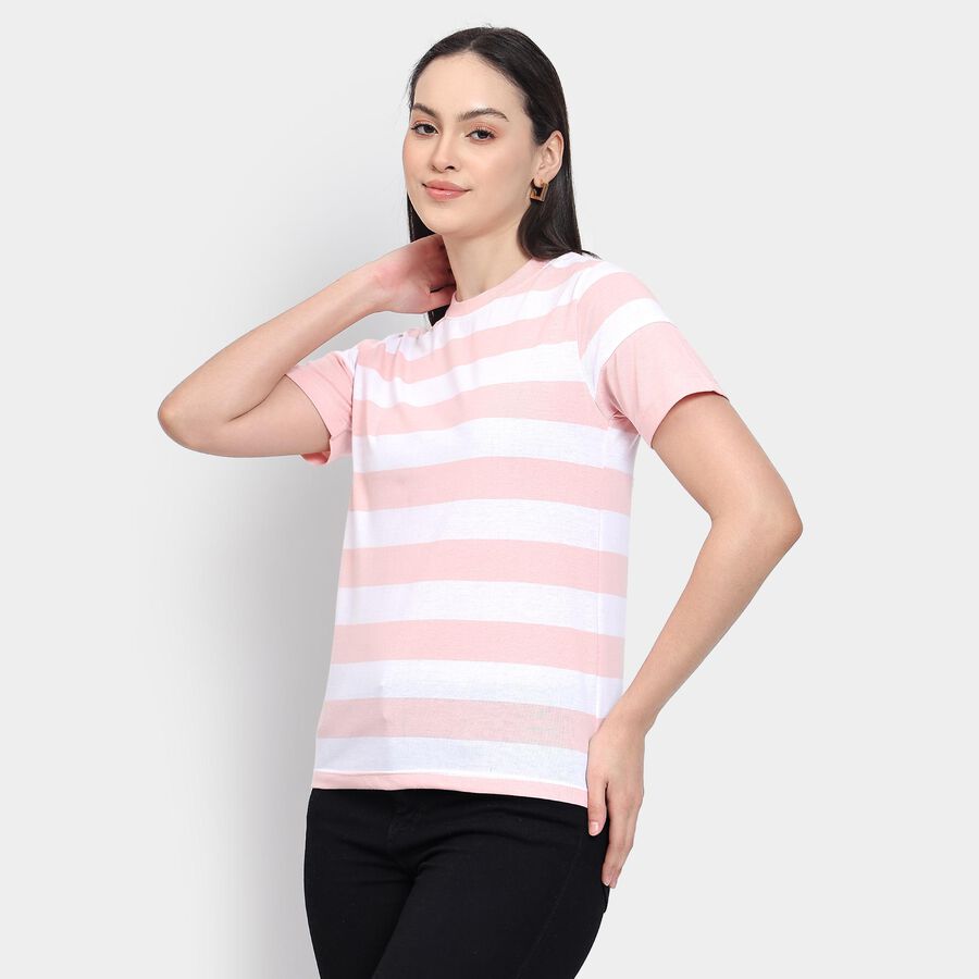Ladies'  Stripes Round Neck T-Shirt, गुलाबी, large