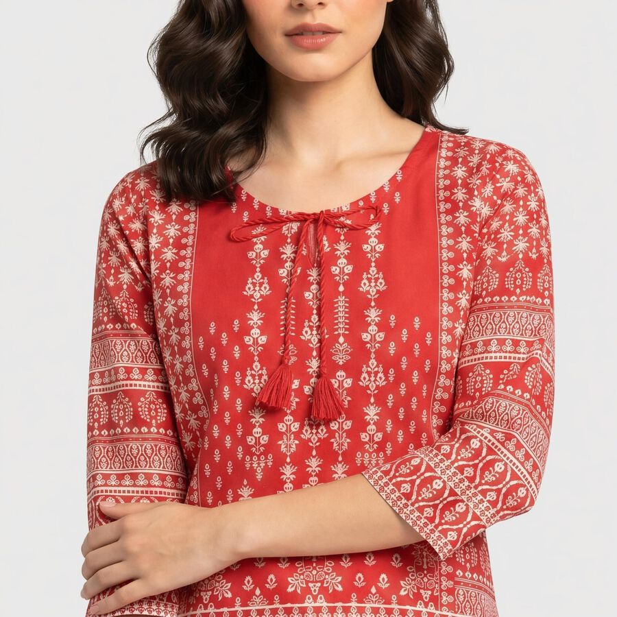 Women's Coral Round Neck Printed Straight Kurti, Coral, large