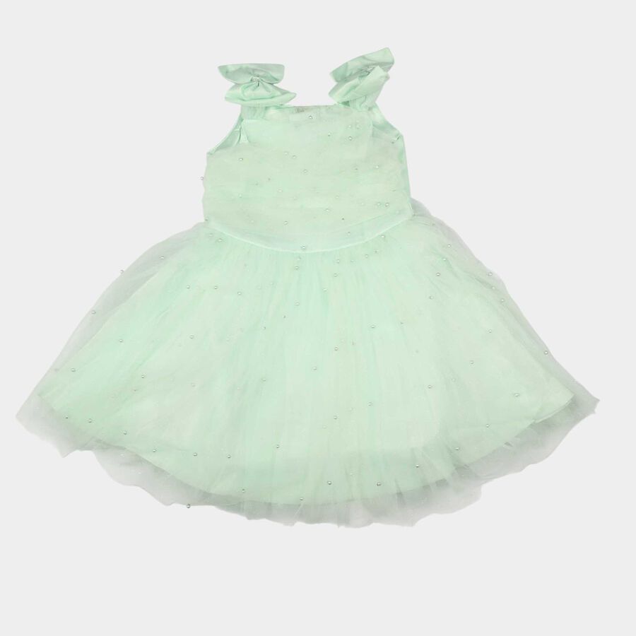 Girls' Mint Green Fit and Flare Pearl Embellished Tulle Frock, Light Green, large