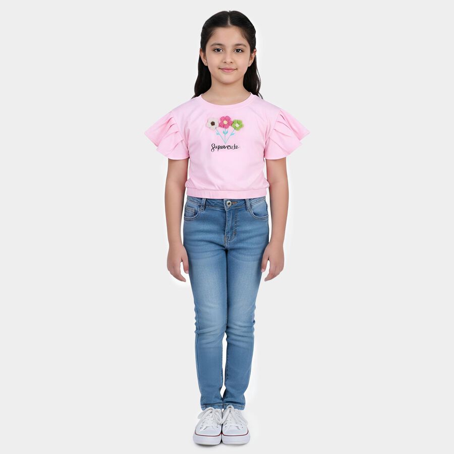 Girls Pink Round Neck Casual T-Shirt, गुलाबी, large