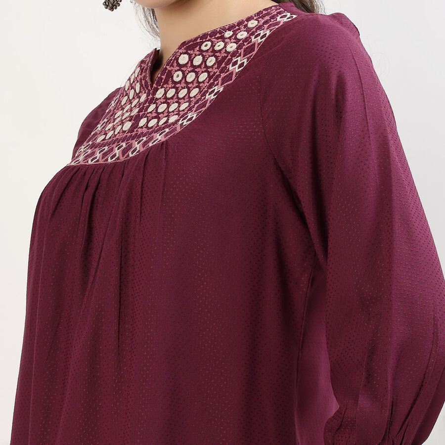 Women's Deep Wine Red Round Neck Embroidered Kurti, Wine, large image number null