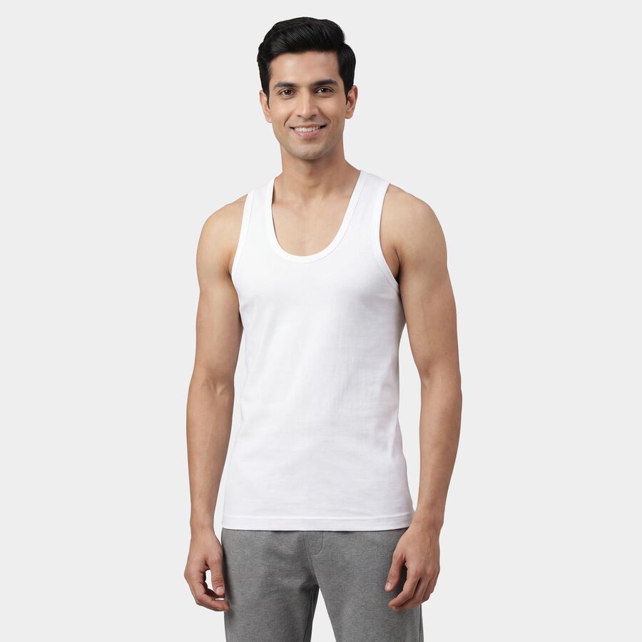 Men's White Cotton Round Neck Classic Vest, सफ़ेद, large