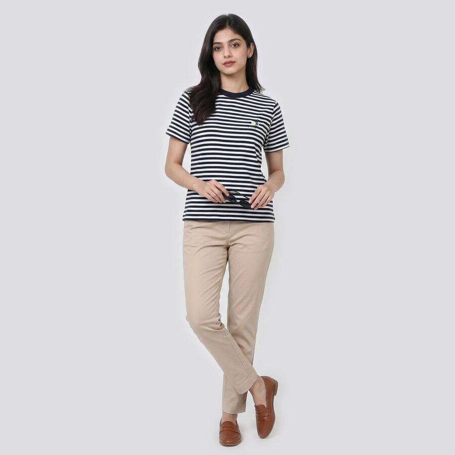 Women's Navy Blue Round Neck Regular T-Shirt, नेवी ब्लू, large