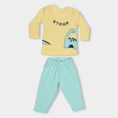Infants' Yellow Cotton Round Neck Cartoon Printed Baba Suit