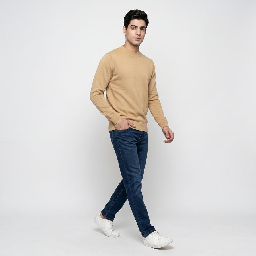 Men's Beige Crew Neck Pullover, Beige, large