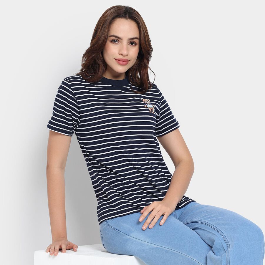 Ladies'  Stripes Round Neck T-Shirt, नेवी ब्लू, large image number null