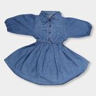 Girls' Deep Steel Blue Flared Embellished Short Sleeve Frock, Mid Blue, small