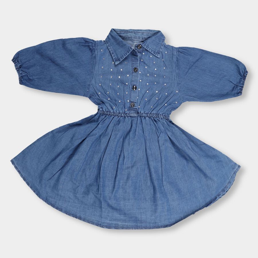Girls' Deep Steel Blue Flared Embellished Short Sleeve Frock, Mid Blue, large