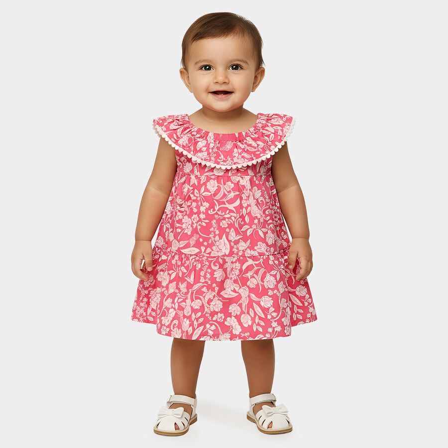 Infant Girls' Pink Regular Fit Floral Printed Tiered Frock, Pink, large
