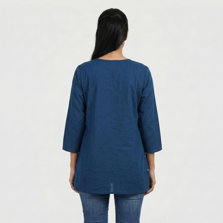 Women's Navy Blue Cotton Notch Neck Embroidered Kurti, Dark Blue, large