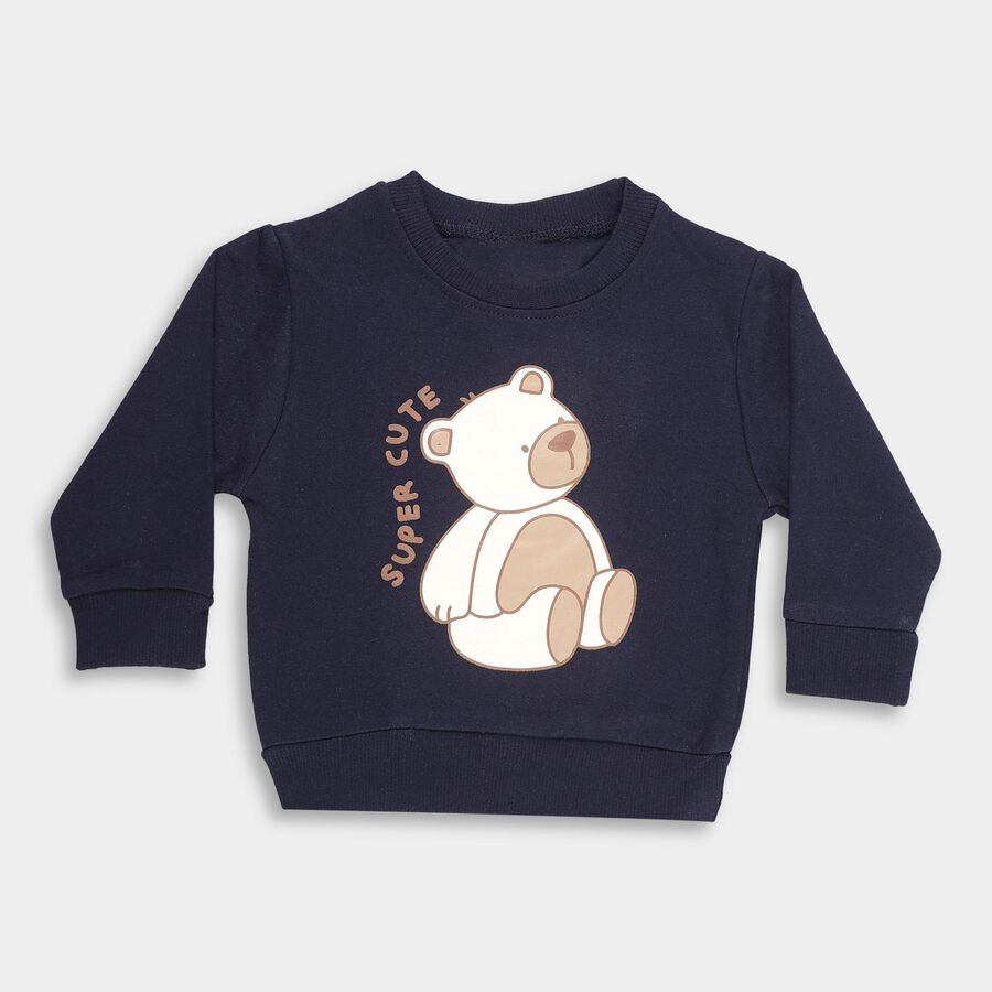 Infants' Deep Midnight Navy Blue Cotton Crew Neck Casual Sweatshirt, नेवी ब्लू, large image number null