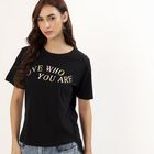 Women's Jet Black Cotton Round Neck Casual T-Shirt, काला, small image number null