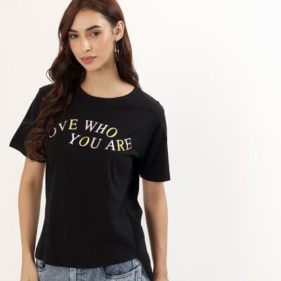 Women's Jet Black Cotton Round Neck Casual T-Shirt