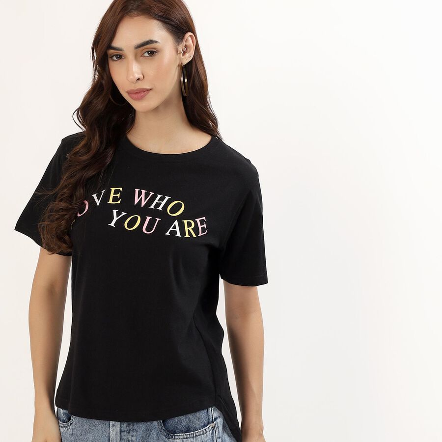 Women's Jet Black Cotton Round Neck Casual T-Shirt, काला, large image number null