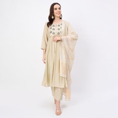 Women's Soft Creamy Beige Embroidered Ethnic Set