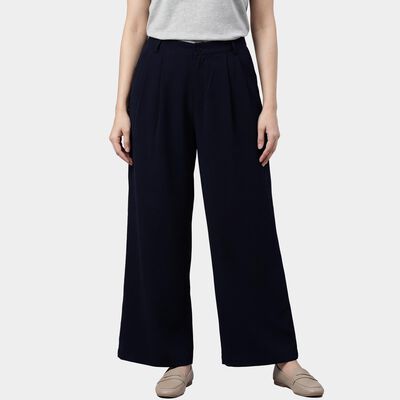 Women's Navy Blue Relaxed Fit Pleated Wide-Leg Trousers