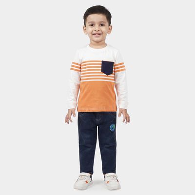 Boys' Brown 100% Cotton Round Neck Striped Baba Suit