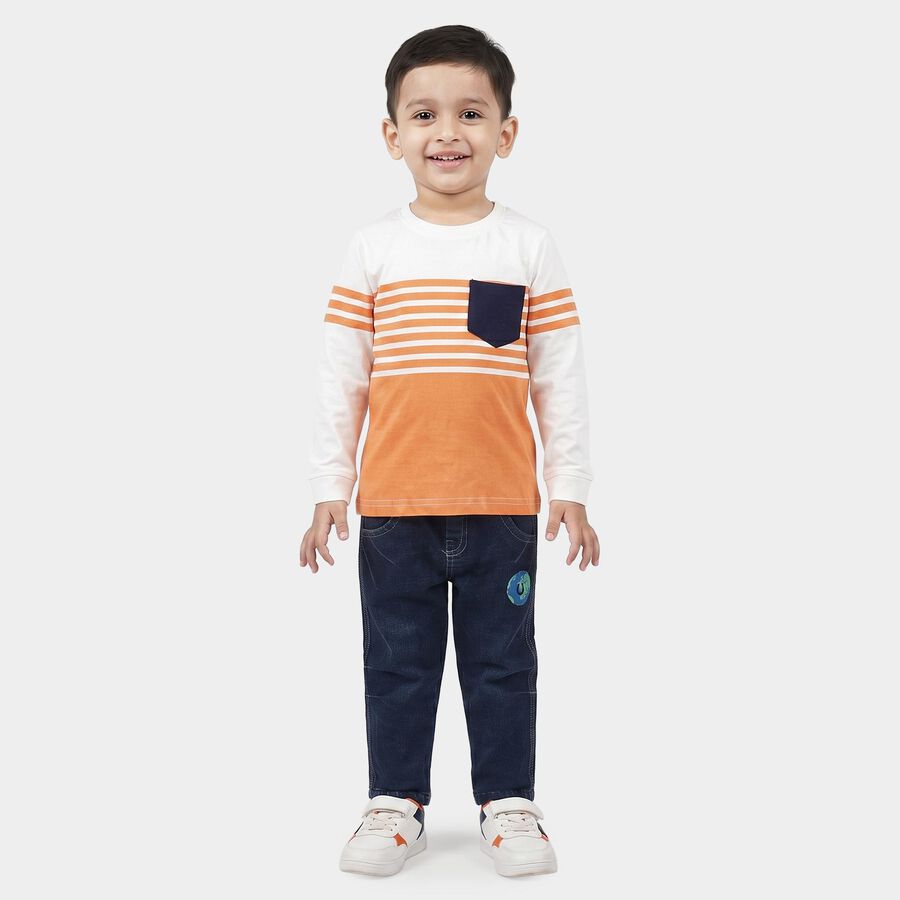 Boys' Brown 100% Cotton Round Neck Striped Baba Suit, Brown, large