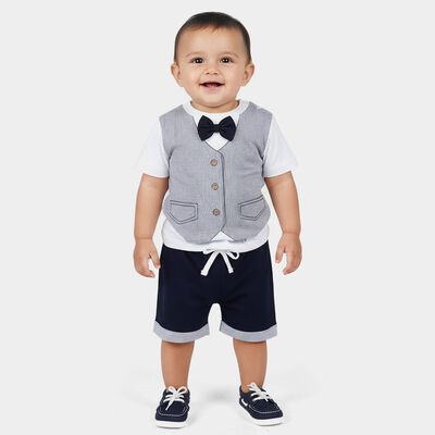 Infants' Navy Cotton Round Neck Striped Baba Suit