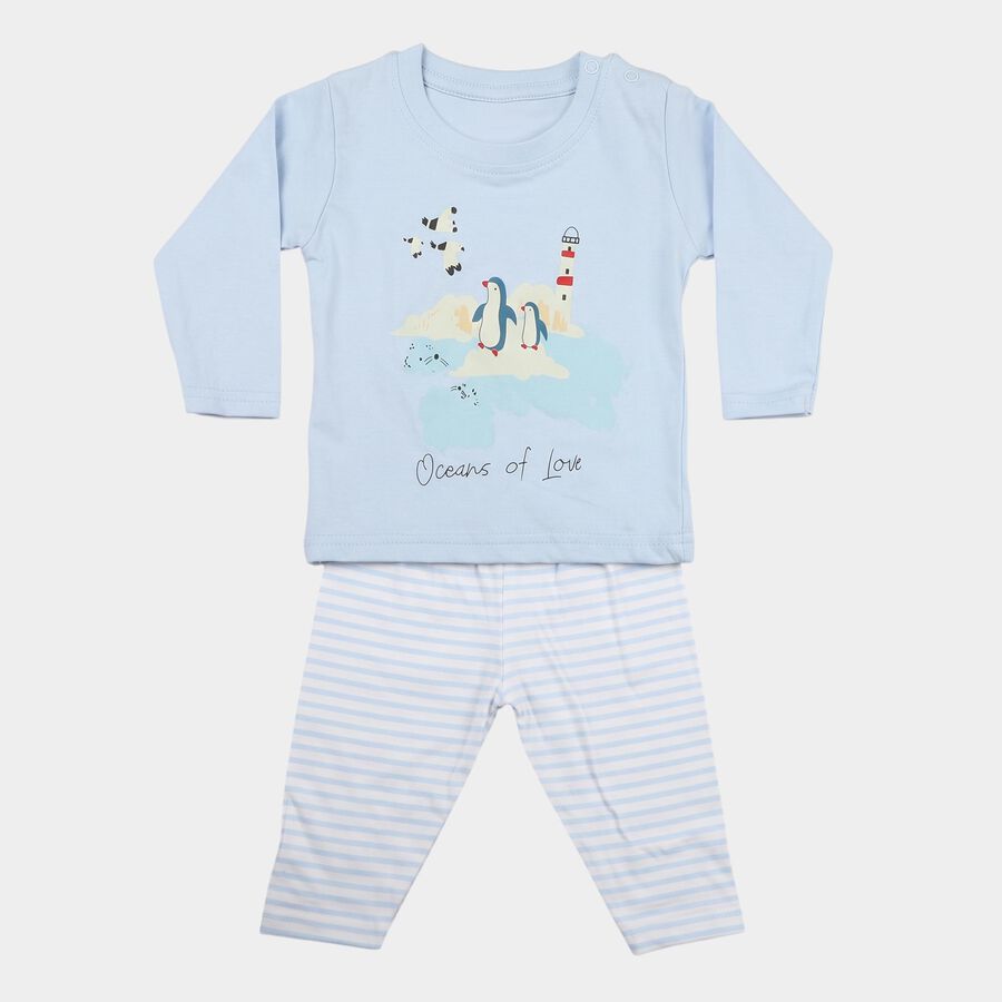 Infants' Light Blue 100% Cotton Round Neck Graphic Print Baba Suit, Light Blue, large